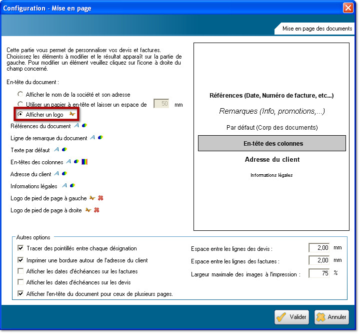 Configuration - Mise en page